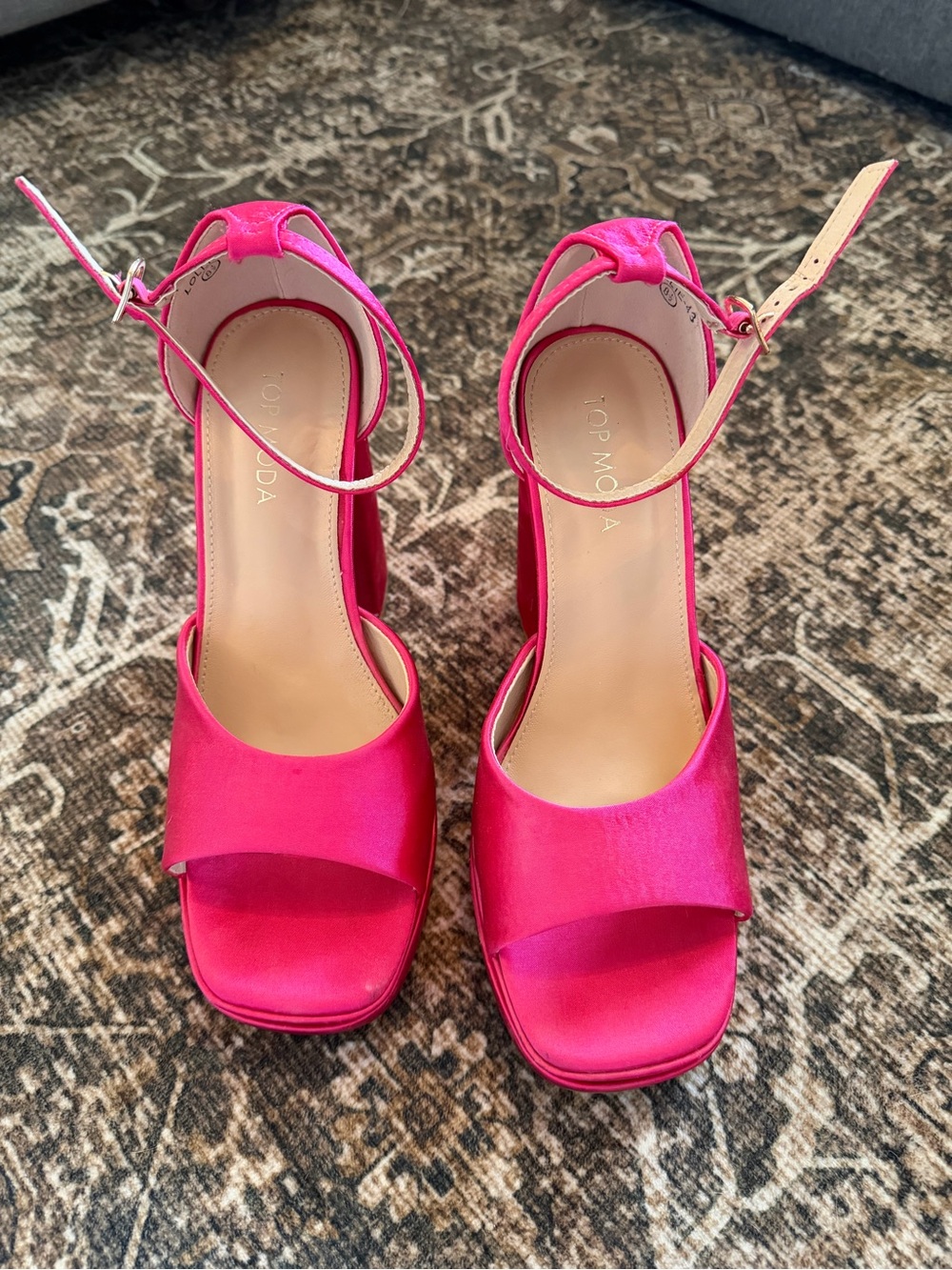 TOP Moda Bright Pink Satin Ankle-Strap Block Heels